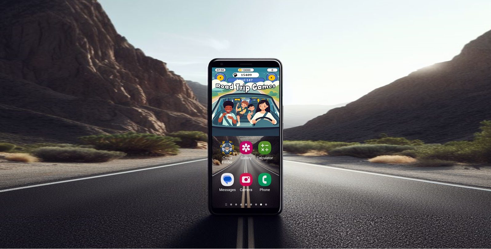 A phone showing the Road Trip Games app on an open desert road